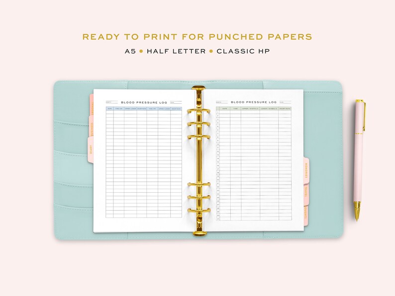 May include: A printable blood pressure log for a planner or binder. The log has columns for date, time, systolic, diastolic, pulse, and notes. The log is designed for A5, half letter, and classic HP sizes.