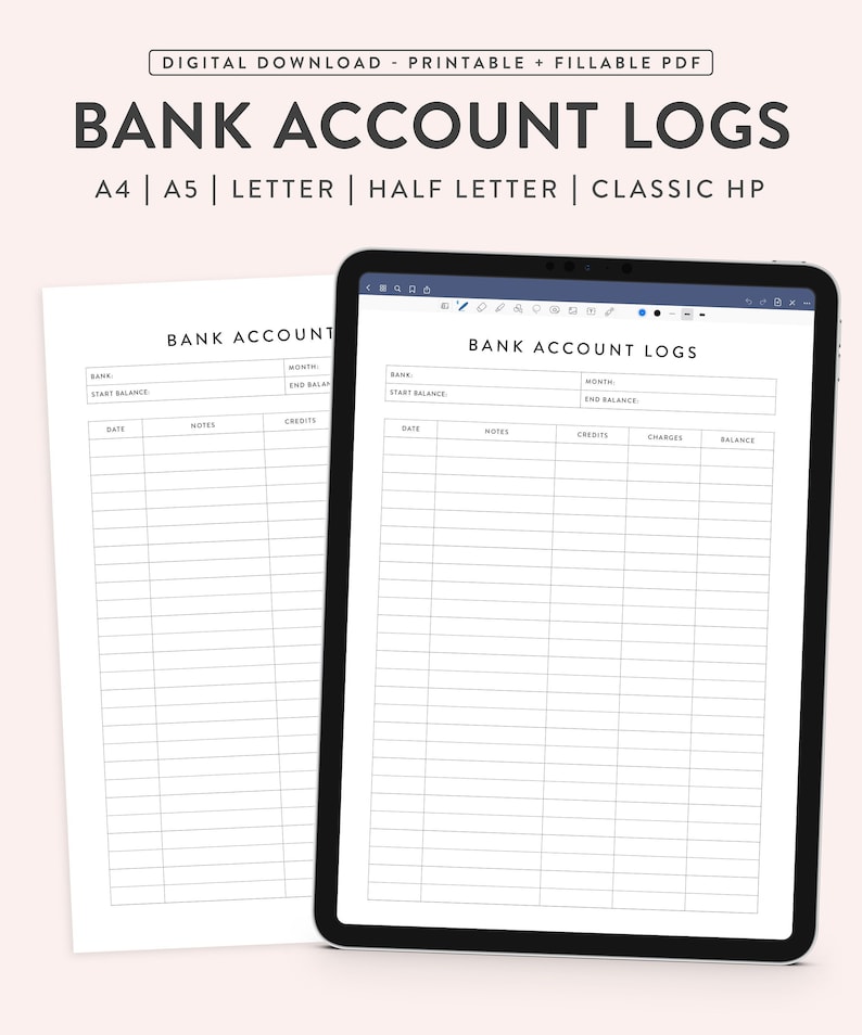 Printable Bank Account Logs, Fillable Bank Balance Sheet, Bank Account