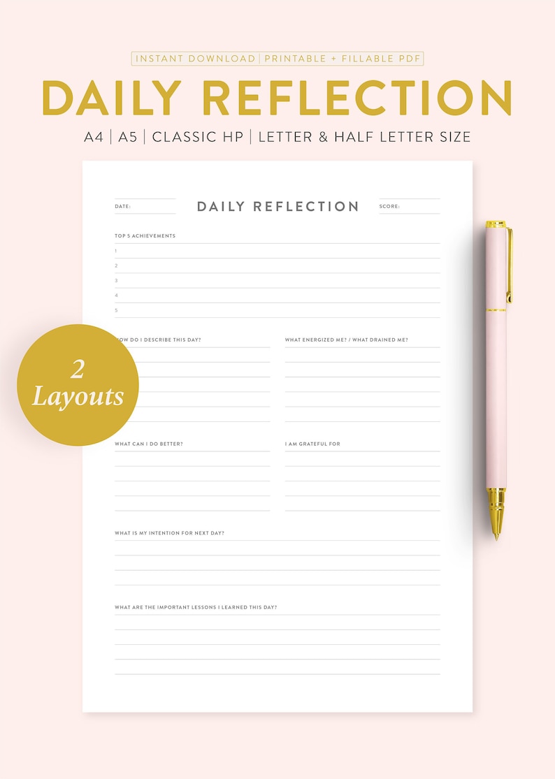 Printable Daily Reflection Fillable Daily Review Template | Etsy