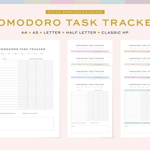 Puede incluir: Planificador de tareas Pomodoro imprimible en 8 colores. El imprimible incluye una lista de tareas semanal y una cuadrícula para realizar un seguimiento de las sesiones Pomodoro. El imprimible está disponible en tamaños A4, A5, Letter, Half Letter y Classic HP.