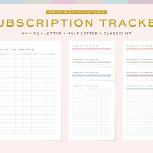 Op de afbeelding: Printbare abonnementen tracker in acht verschillende kleuren. De tracker bevat kolommen voor de abonnementsnaam, de vervaldatum, het bedrag, de frequentie, de verlengingsdatum en notities. De tracker is beschikbaar in de formaten A4, A5, Letter, Half Letter en Classic HP.