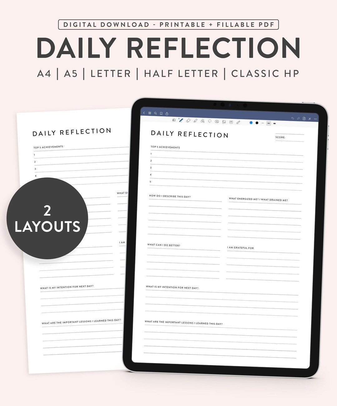 Printable Daily Reflection, Fillable Daily Review Template Goal Planner ...