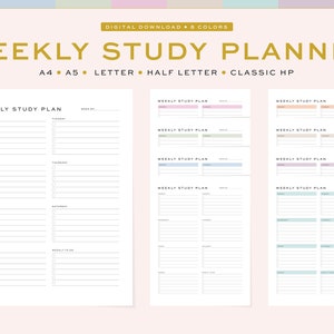Könnte beinhalten: Druckbarer wöchentlicher Studienplaner mit acht verschiedenen Farboptionen. Der Planer enthält Abschnitte für Montag bis Sonntag sowie eine wöchentliche To-Do-Liste.