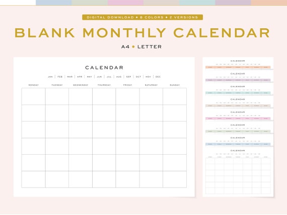 printable blank monthly calendar fillable 2 designs etsy