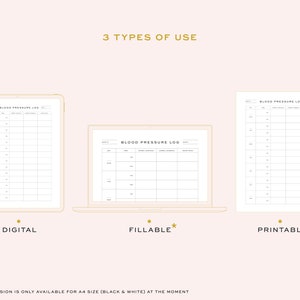 May include: A digital, fillable, and printable blood pressure log. The log has columns for date, time, systolic pressure, diastolic pressure, pulse rate, and notes. The fillable version is available in A4 size (black and white).