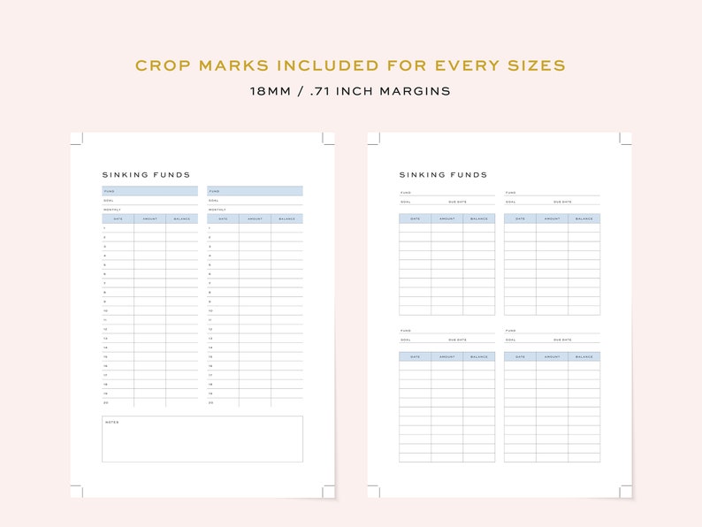 May include: Printable sinking funds tracker with two columns for tracking savings goals. The tracker has a title "Sinking Funds" and includes columns for date, amount, and balance. The tracker is designed for use with a standard 8.5 x 11 inch sheet of paper.