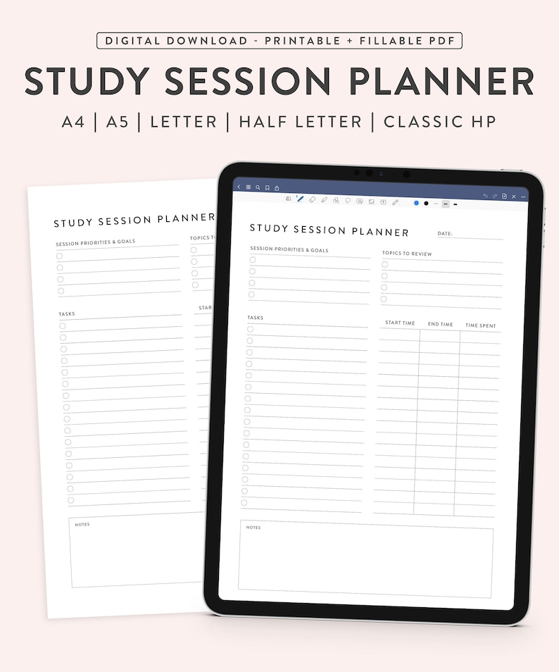 Peut inclure: Un planificateur de session d'&eacute;tude imprimable avec des sections pour les priorit&eacute;s et les objectifs de la session, les sujets &agrave; revoir, les t&acirc;ches, l'heure de d&eacute;but, l'heure de fin et le temps pass&eacute;. Le planificateur comprend &eacute;galement une section de notes.