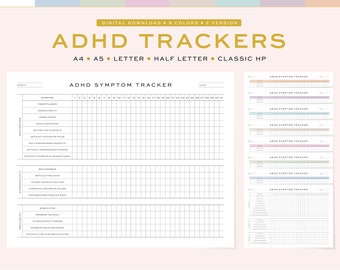 Printable ADHD Trackers for Adults, Fillable | Daily / Monthly ADHD Symptom and Behaviour Tracker | 5 Sizes, A4, A5 & US Letter, Half, Hp