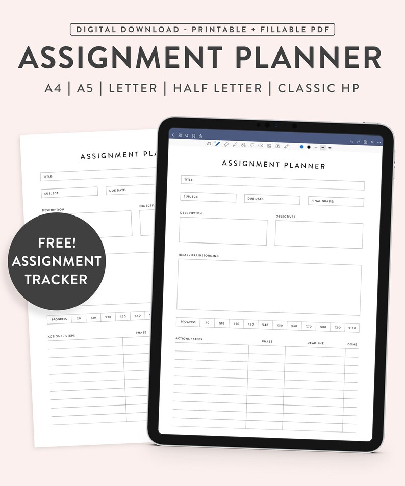 Printable Assignment Planner, Homework Tracker, College Organizer (Digital Download) image 1