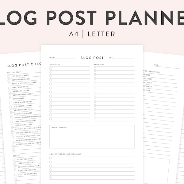 Printable Blog Planner, Fillable Blog Post Template, Blog Post Checklist, Blog Post Outline, Blog Post Planner | 2 Sizes, Minimal