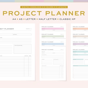 Printable Project Planner, Fillable |  Productivity Planner and Task Tracker | 5 Sizes, A4, A5 & US Letter, Half Letter, Classic HP