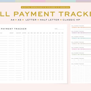 Printable Bill Payment Tracker, Yearly / Monthly, Fillable | Annual Bill Tracker | 5 Sizes, A4, A5 & US Letter, Half Letter, Classic HP