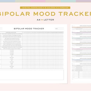 Afdrukbare bipolaire stemmingstracker | Maandelijkse bipolaire stemmingstracker, planner | 2 maten, A4 en US Letter, 8 kleuren