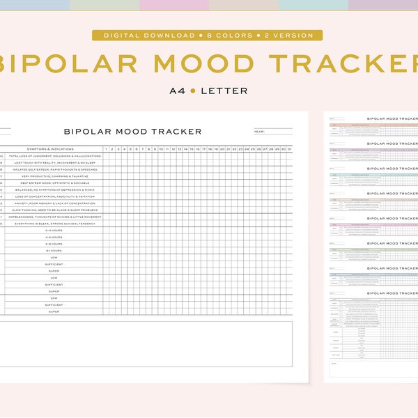 Printable Bipolar Mood Tracker | Monthly Bipolar Mood Tracker, Planner | 2 Sizes, A4 & US Letter, 8 Colors