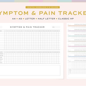 Afdrukbare symptoom- en pijntracker | Maandelijkse pijnniveau-tracker, planner | 5 formaten, A4, A5 en US Letter, Half Letter, Classic HP, 8 kleuren