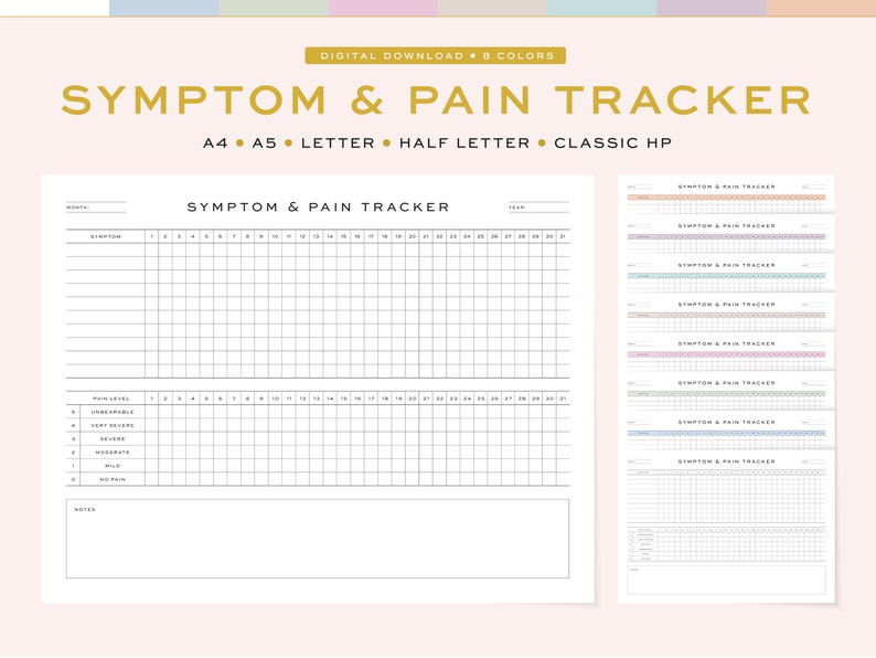 Printable Symptom and Pain Tracker Monthly Pain Level Tracker, Planner 5 Sizes, A4, A5 &amp; US ...