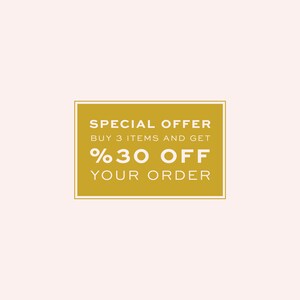 Pode incluir: Um ret&acirc;ngulo dourado com uma borda branca e texto branco que diz "SPECIAL OFFER BUY 3 ITEMS AND GET %30 OFF YOUR ORDER".