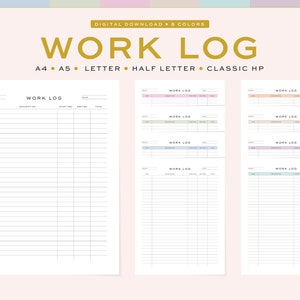 Printable Work Log, Work Time Tracker, Fillable Time Log, Working Hours Log, Activity Tracker and Monitoring | 5 Sizes, 8 Colors