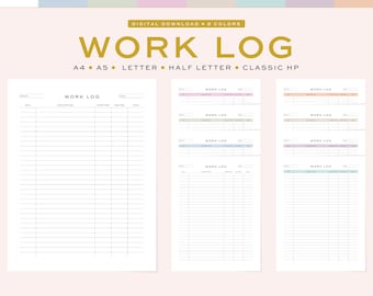 Printable Work Log, Time Tracker, 5 Sizes, 8 Colors (Digital Download)