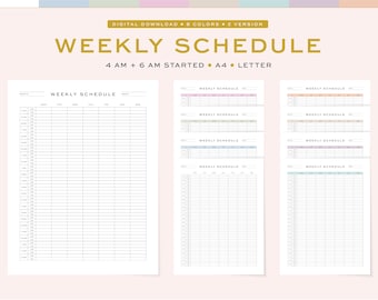 May include: Printable weekly schedule planner in A4 and Letter sizes. The planner has 8 different color options and includes time slots from 4 AM to 6 PM. The text "WEEKLY SCHEDULE" is at the top of the page.