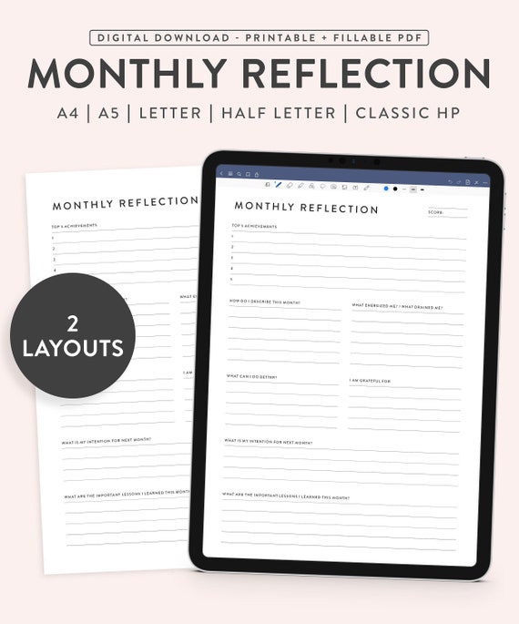 Printable Monthly Reflection Template, Goal Planner (Digital Download)