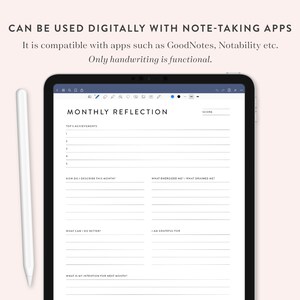Peut inclure: Un planificateur de r&eacute;flexion mensuel num&eacute;rique sur l'&eacute;cran d'une tablette. Le planificateur comprend des sections pour les principales r&eacute;alisations, comment d&eacute;crire le mois, ce qui vous a dynamis&eacute; et vid&eacute;, ce que vous pouvez faire mieux et quelle est votre intention pour le mois prochain.