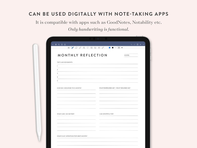 Peut inclure: Un planificateur de r&eacute;flexion mensuel num&eacute;rique sur l'&eacute;cran d'une tablette. Le planificateur comprend des sections pour les principales r&eacute;alisations, comment d&eacute;crire le mois, ce qui vous a dynamis&eacute; et vid&eacute;, ce que vous pouvez faire mieux et quelle est votre intention pour le mois prochain.
