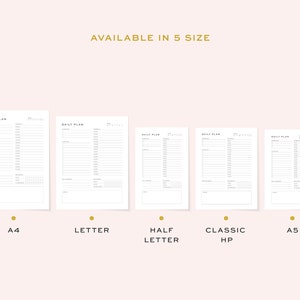 Pode incluir: S&atilde;o mostradas cinco tamanhos diferentes de modelos de planejador di&aacute;rio imprim&iacute;veis. Os modelos s&atilde;o etiquetados como A4, Letter, Half Letter, Classic HP e A5.
