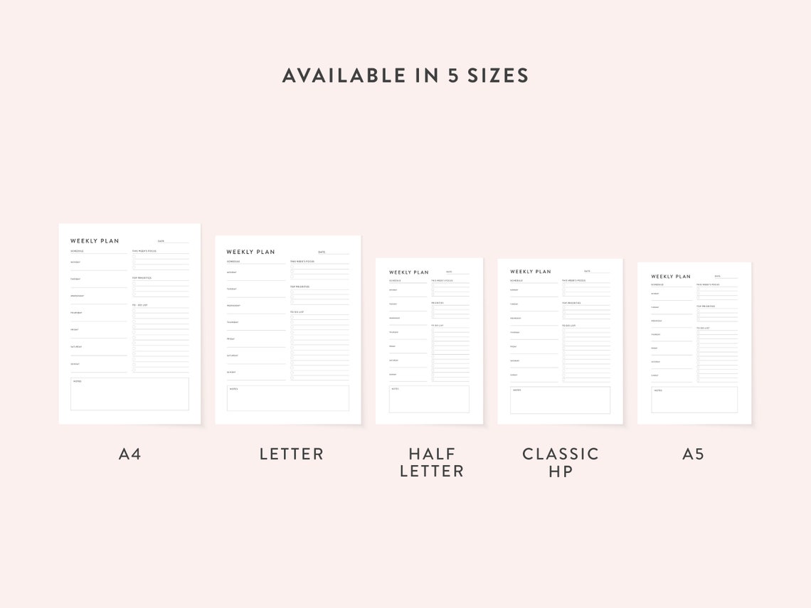 Printable weekly work planner fillable minimal work planner 5 sizes