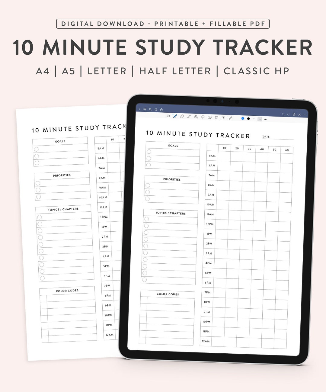 Printable 10 Minute Study Tracker, Study Session Planner, Academic Study Session Tracker and