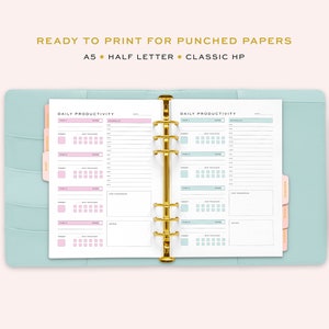 May include: A printable daily productivity planner with two pages, each with a section for tasks, habit trackers, and notes. The planner is designed for punched papers and is available in A5, half letter, and classic HP sizes.