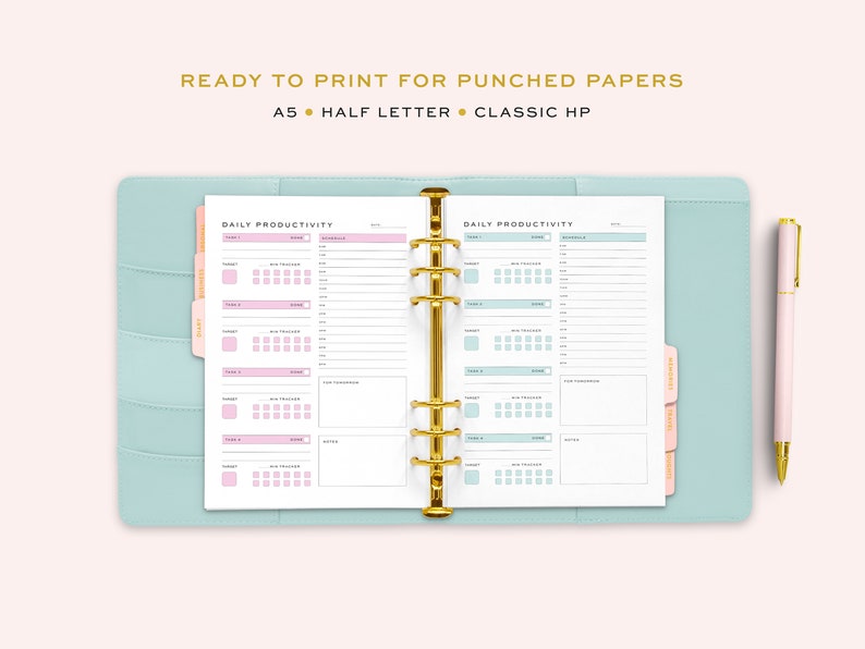 May include: A printable daily productivity planner with two pages, each with a section for tasks, habit trackers, and notes. The planner is designed for punched papers and is available in A5, half letter, and classic HP sizes.