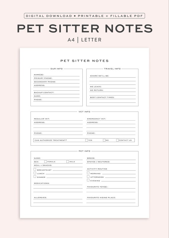 Printable Pet Sitter Notes Pet Sitting Forms Insert Fillable - Etsy UK