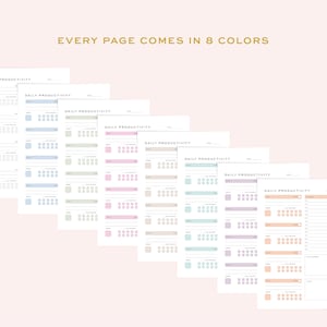 May include: Eight different colored daily productivity planner pages. Each page has a header that says "Daily Productivity" and includes a grid of squares for tracking tasks, a section for notes, and a section for goals.