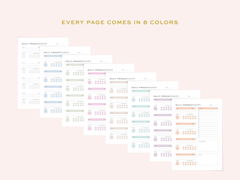 May include: Eight different colored daily productivity planner pages. Each page has a header that says "Daily Productivity" and includes a grid of squares for tracking tasks, a section for notes, and a section for goals.