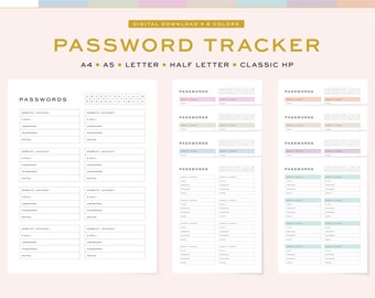 Printable Password Tracker, Fillable | Password Log and Password Keeper | 5 Sizes, A4, A5 & US Letter, Half Letter, Classic HP