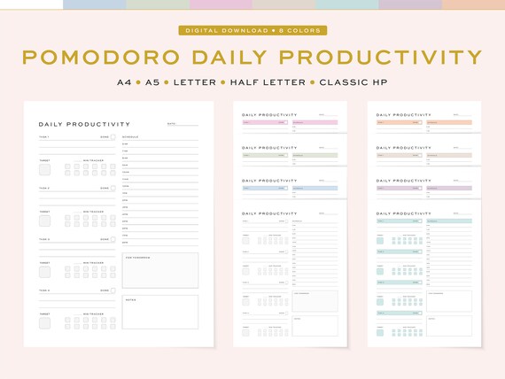 Printable Pomodoro Productivity Planner, Fillable Daily Tracker (Digital Download)