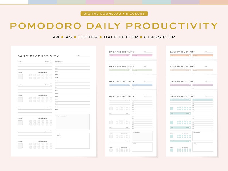 May include: Printable daily productivity planner with a Pomodoro timer, available in eight colors. The planner includes sections for daily tasks, goals, and notes. The planner is available in A4, A5, Letter, Half Letter, and Classic HP sizes.