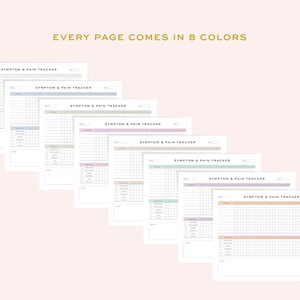 Pu&ograve; includere: Otto pagine stampabili per il monitoraggio dei sintomi e del dolore in diversi colori: blu, verde, rosa, azzurro, viola, lilla, pesca e bianco. Ogni pagina ha una griglia con colonne per la data, l&rsquo;ora, i sintomi e il livello di dolore.