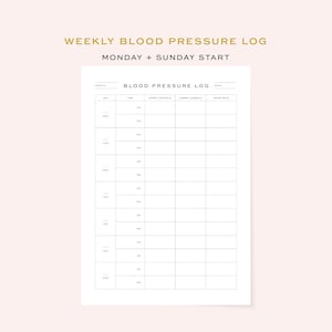 May include: A printable weekly blood pressure log with a black and white design. The log includes space to record the date, time, upper systolic, lower diastolic, and heart rate. The title of the log is "Weekly Blood Pressure Log" and the subtitle is "Monday + Sunday Start".