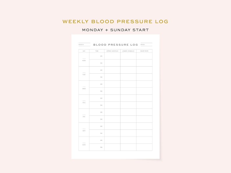 May include: A printable weekly blood pressure log with a black and white design. The log includes space to record the date, time, upper systolic, lower diastolic, and heart rate. The title of the log is "Weekly Blood Pressure Log" and the subtitle is "Monday + Sunday Start".