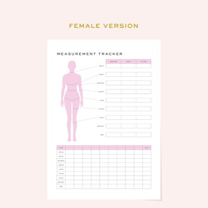 May include: A printable measurement tracker for women. The tracker includes a silhouette of a woman with labels for different body measurements, such as neck, bust, hips, waist, and more. The tracker also includes a table for recording measurements over time.
