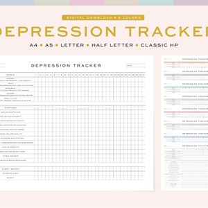 Könnte beinhalten: Ein druckbarer Depressions-Tracker mit einem Raster zum Verfolgen von Symptomen und Depressionsgraden. Der Tracker enthält Abschnitte für Schlaf, Gewicht und andere Symptome. Der Tracker ist in verschiedenen Größen und Farben erhältlich.
