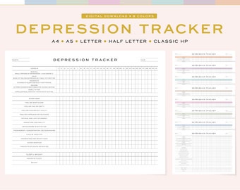 Tracker della depressione stampabile / Tracker mensile della depressione / Diario, Inserto foglio di lavoro / 5 dimensioni, A4, A5 e Lettera USA, Mezza lettera, Classic HP