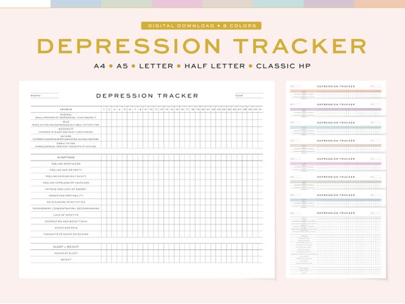 Printable Depression Tracker | Monthly Depression Tracker / Journal, Worksheet Insert | 5 Sizes, A4, A5 & US Letter, Half Letter, Classic HP