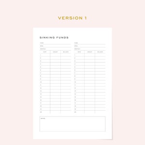 May include: A printable sinking funds tracker with two columns for tracking savings goals. Each column has a section for fund name, goal amount, date, amount, and balance. There is a notes section at the bottom.