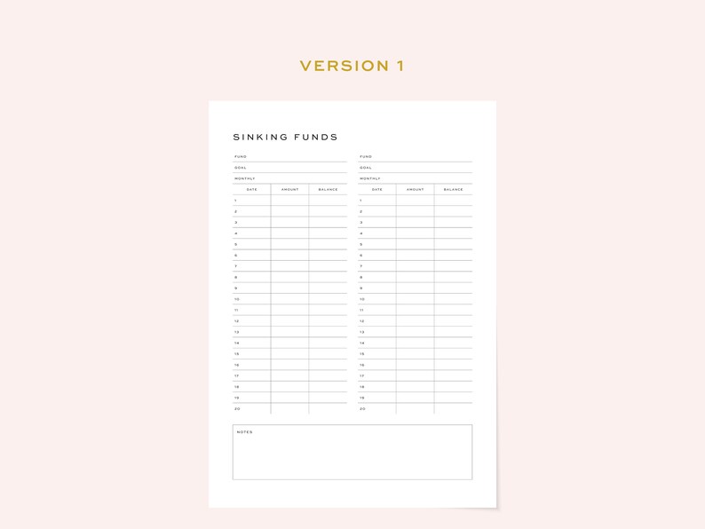 May include: A printable sinking funds tracker with two columns for tracking savings goals. Each column has a section for fund name, goal amount, date, amount, and balance. There is a notes section at the bottom.