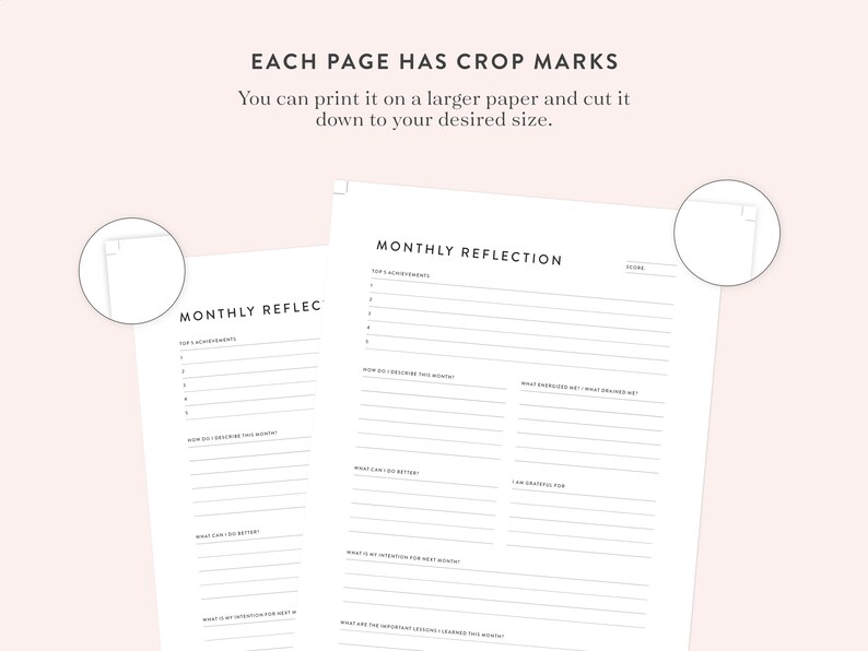 Peut inclure: Deux pages imprimables avec un design noir et blanc pour la r&eacute;flexion mensuelle. Les pages comprennent des sections pour les principales r&eacute;alisations, comment d&eacute;crire le mois, ce qui peut &ecirc;tre am&eacute;lior&eacute;, quelle est l'intention pour le mois prochain et quelles sont les le&ccedil;ons importantes apprises ce mois-ci.