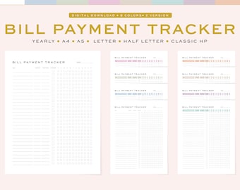 Op de afbeelding: Printbare factuurbetalings-tracker in 8 verschillende kleuren. De tracker is ontworpen voor jaarlijks gebruik en bevat een lijst met facturen en een kalenderrooster voor het bijhouden van betalingen.