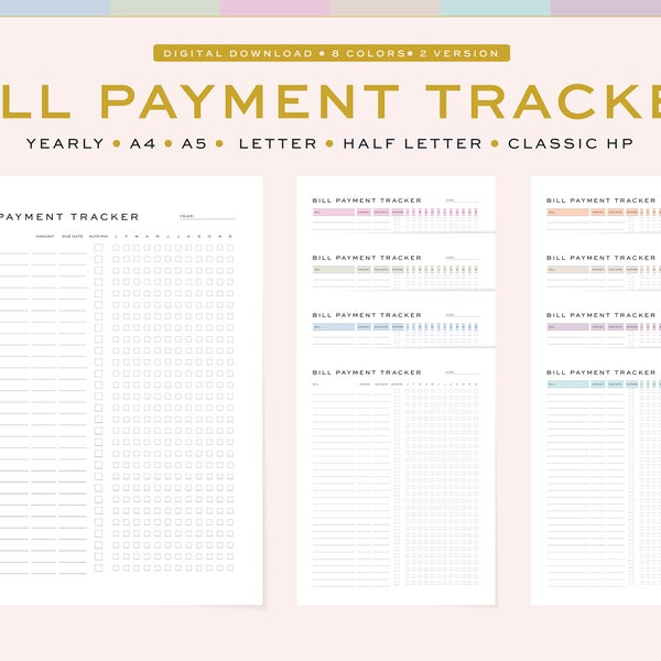 Printable Bill Payment Tracker, Vertical, Yearly / Monthly (Annual), Fillable | 5 Sizes, A4, A5 & US Letter, Half Letter, Classic HP